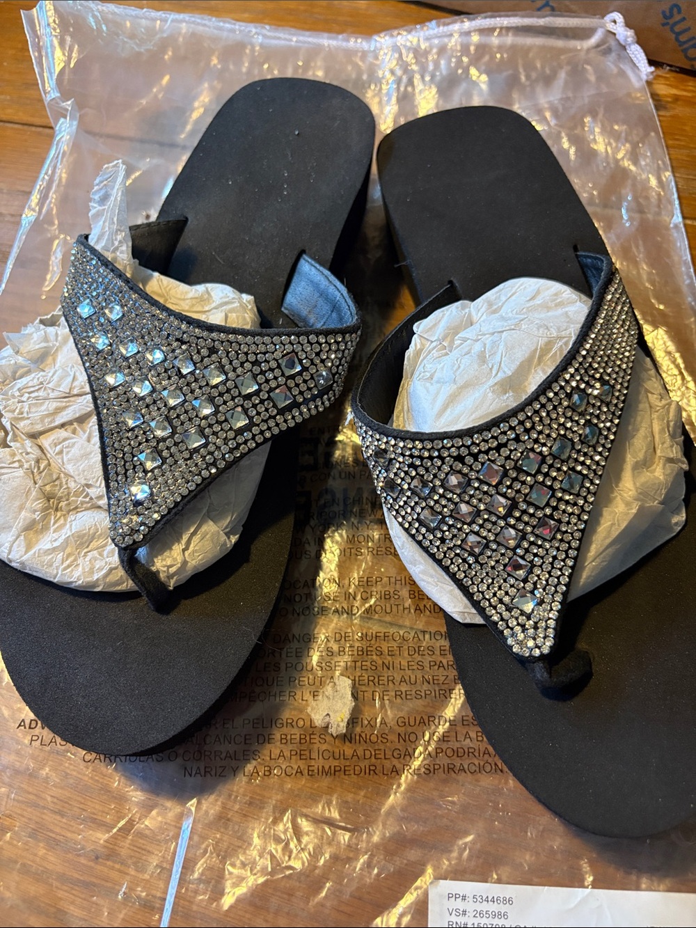 7/8 Black Jeweled T-Strap Sandals with Sparkling Accents